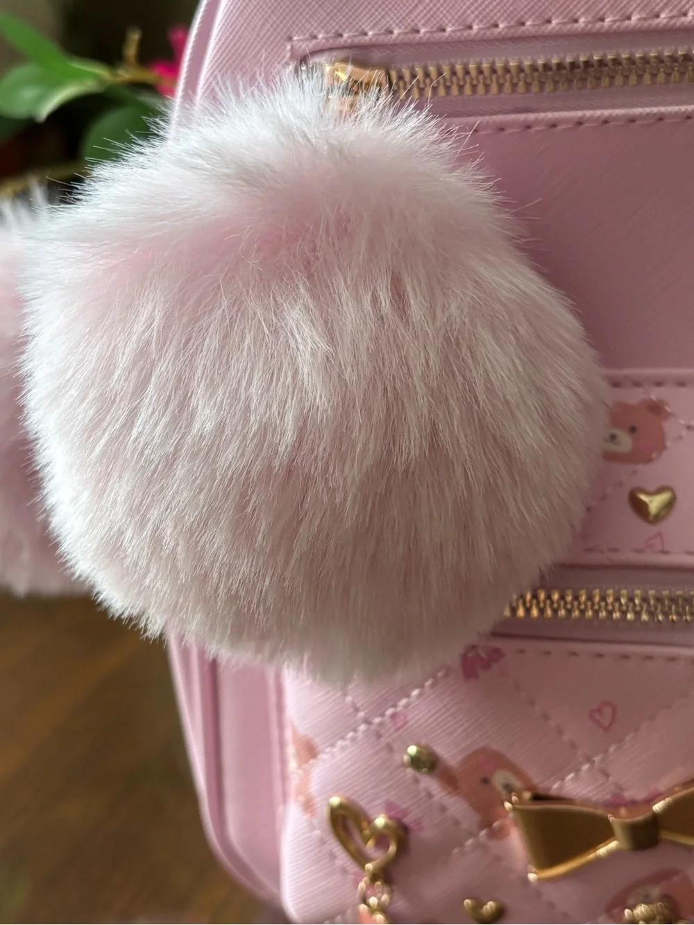 Under One Sky Light Pink Mini Backpack with Faux Fur Pom Pom and Gold Accents